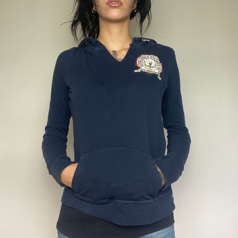 Vtg Y2k Abercrombie & Fitch Navy Sleeve Spellout Pullover Hoodie Y2K Preppy Sz M